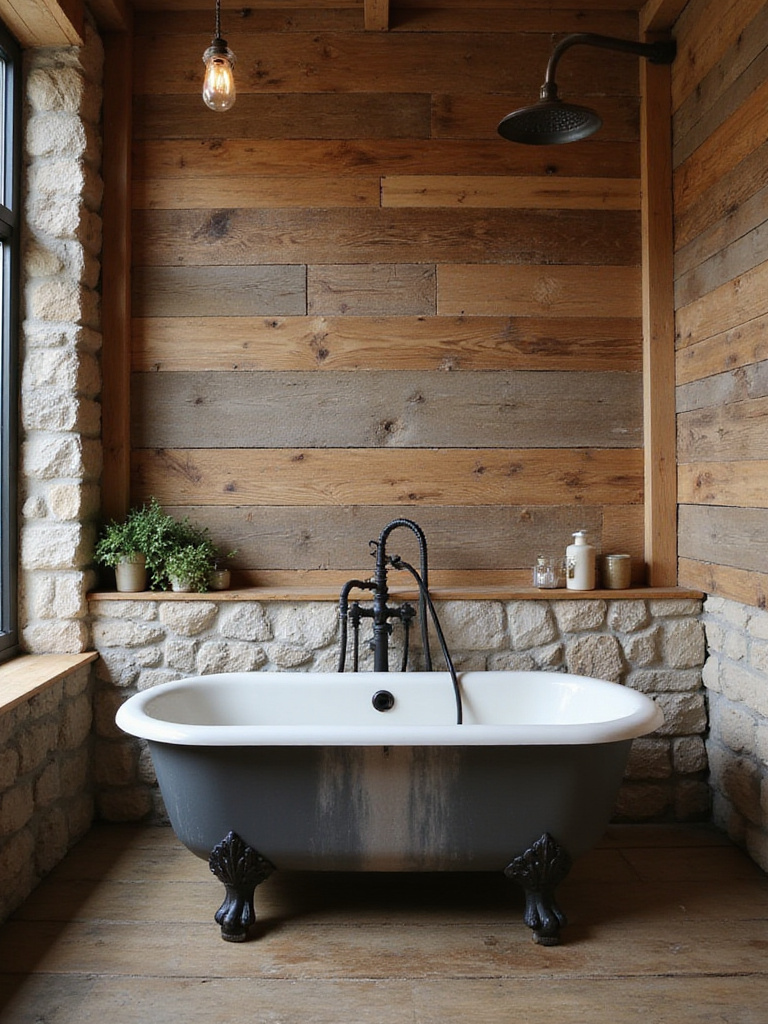 Rustic bathroom with bronze and matte black faucets
