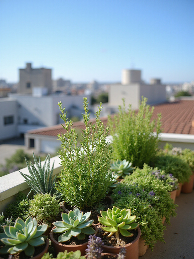 Lush balcony garden with drought-tolerant plants including succulents and Mediterranean herbs.