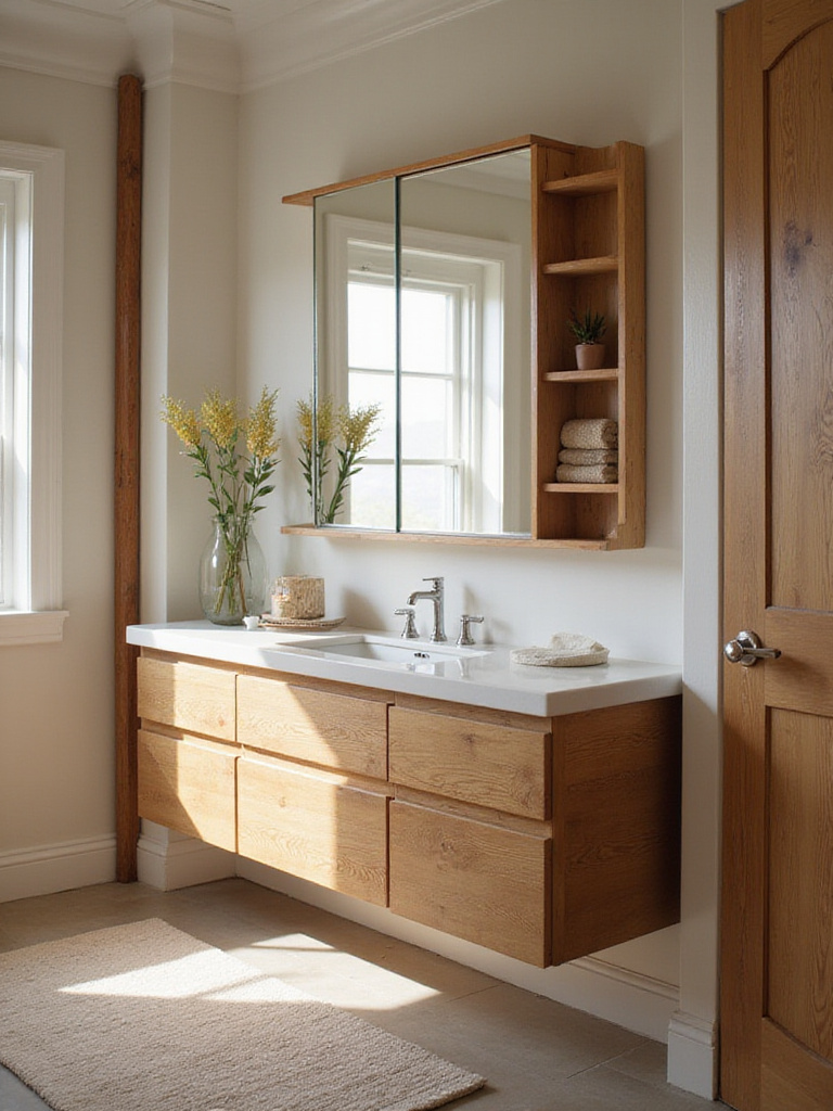 Eco-friendly bathroom cabinets made from reclaimed wood and bamboo in a modern bathroom setting.