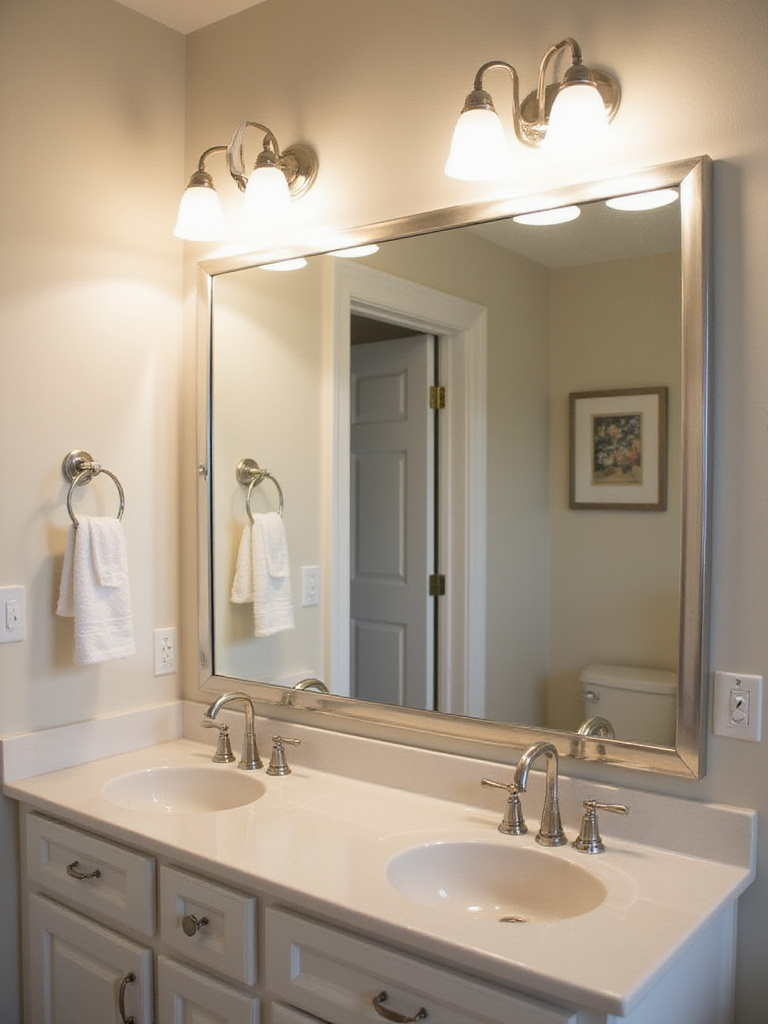 Elegant bathroom with matching over-mirror lighting and faucet finishes.