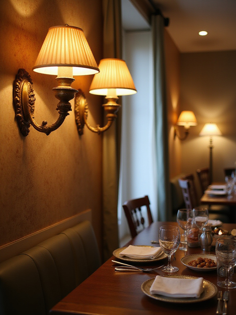 Elegant dining room with wall sconces providing warm ambient lighting