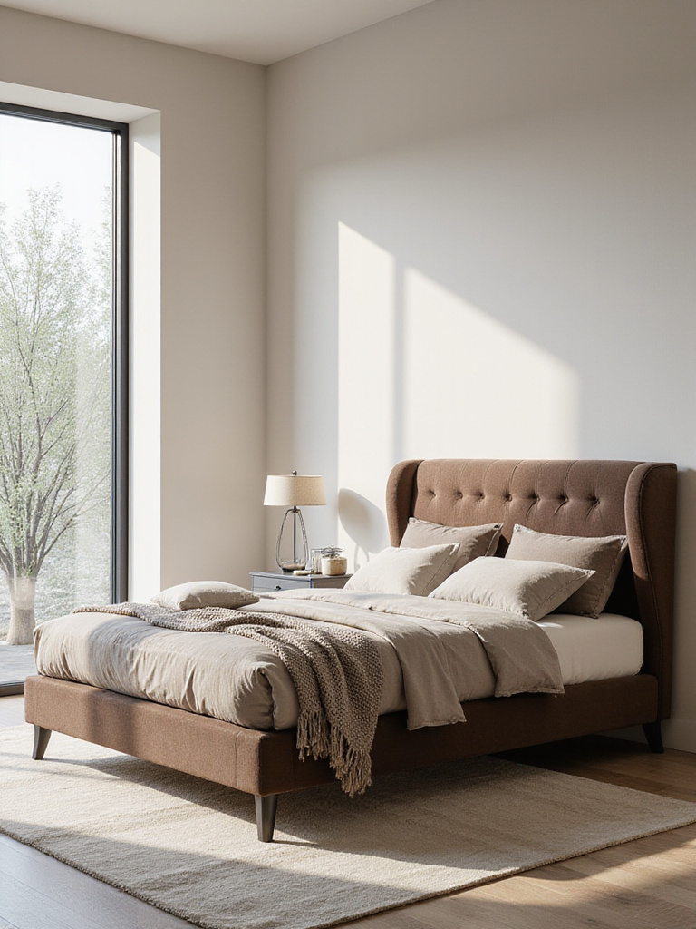 Elegant bedroom with modern upholstered bed frame and stylish decor