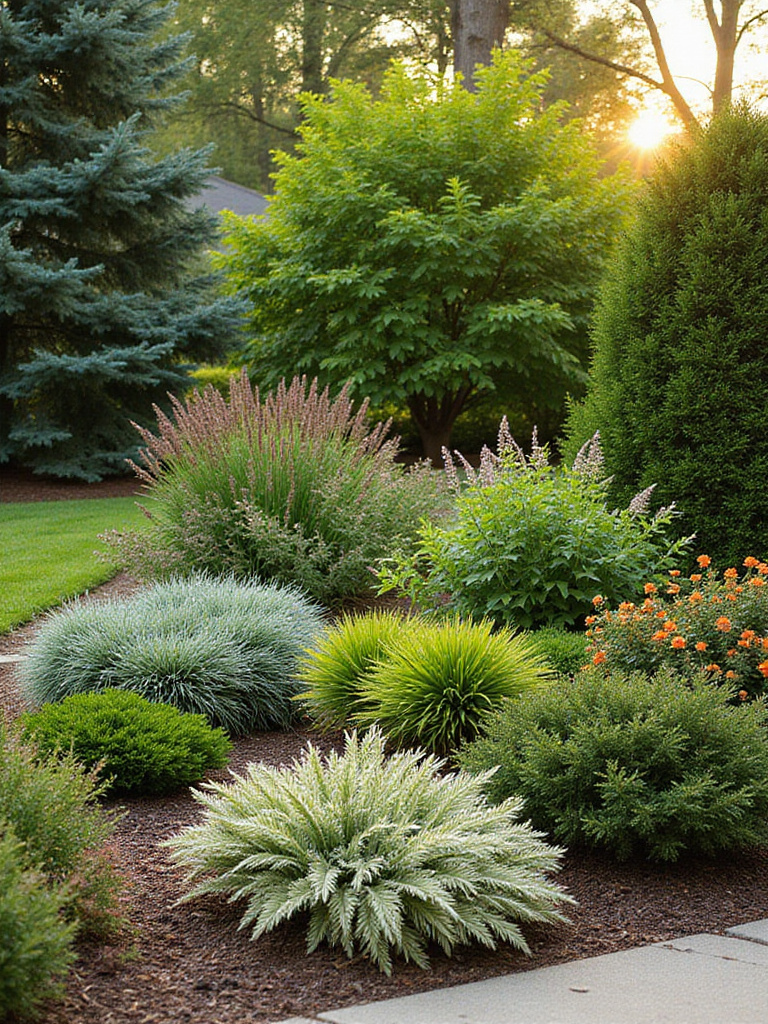Landscaped front yard with multi-season plants for year-round visual interest
