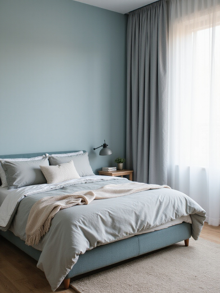 A calming bedroom with soft blue walls and cozy bedding, designed for better sleep.
