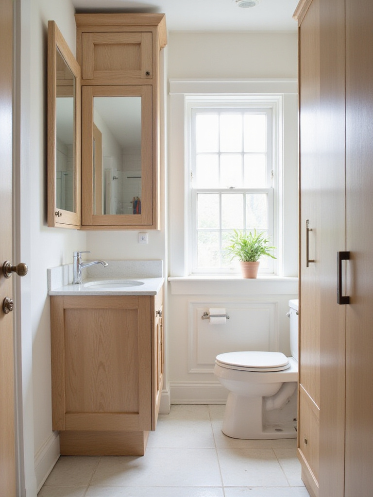 Narrow bathroom with slimline cabinets showcasing space optimization.