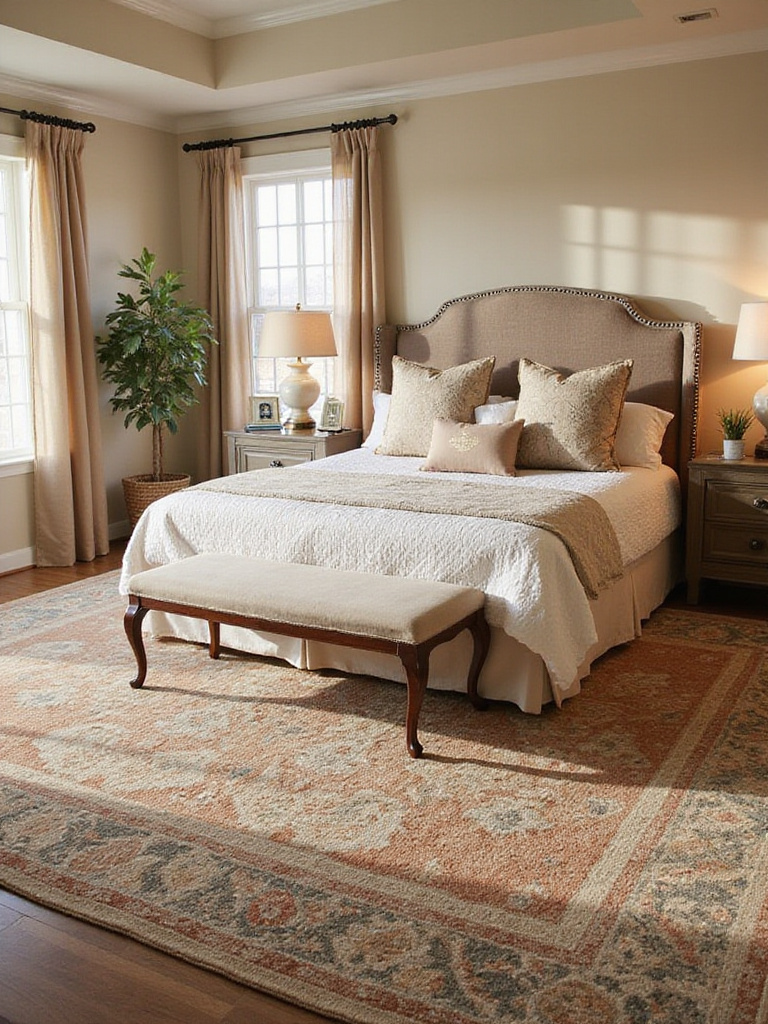 A beautifully decorated bedroom with an area rug anchoring the bed and nightstands