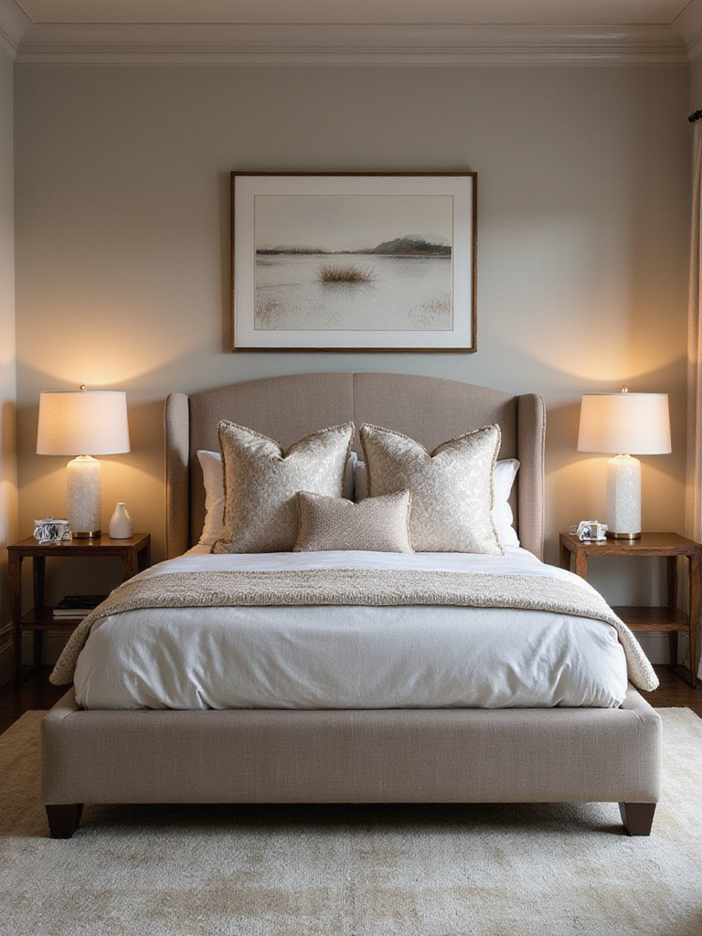 A luxurious bedroom showcasing an upholstered bed frame as the focal point.