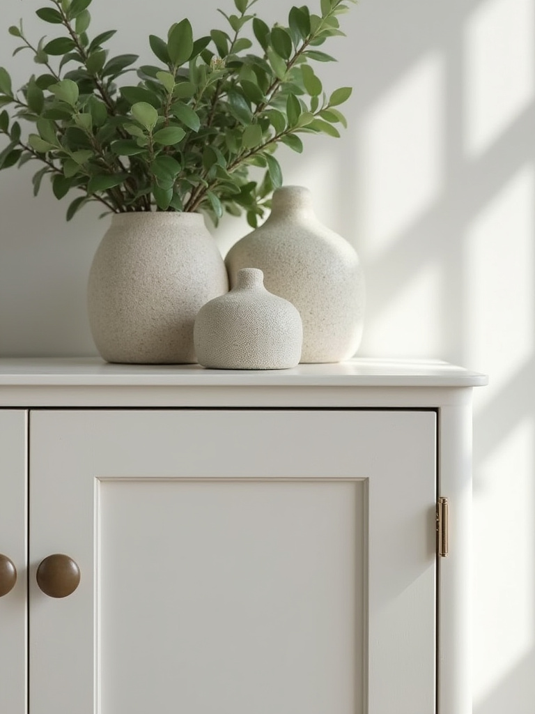Bathroom cabinet decorated with a small faux plant and decorative items