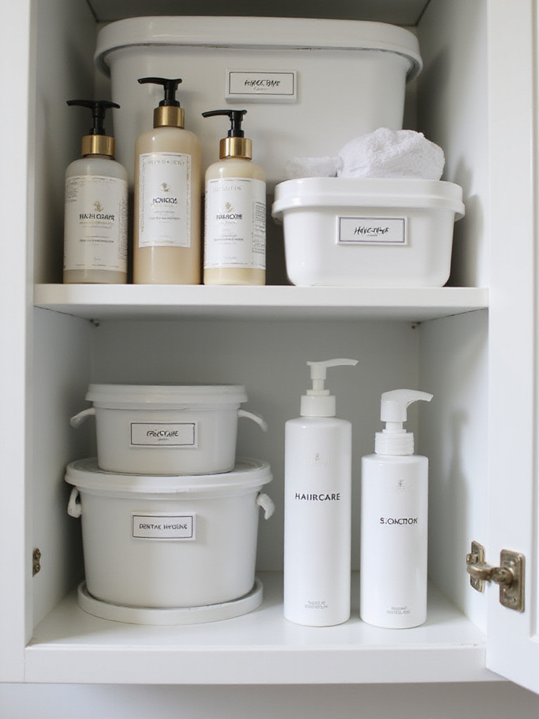 Organized bathroom cabinet with labeled containers and soft lighting