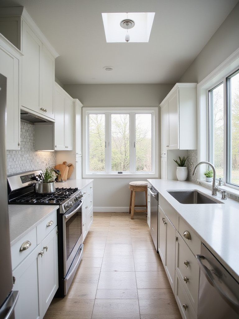 Modern kitchen layout with strategically placed appliances for optimal flow and safety.