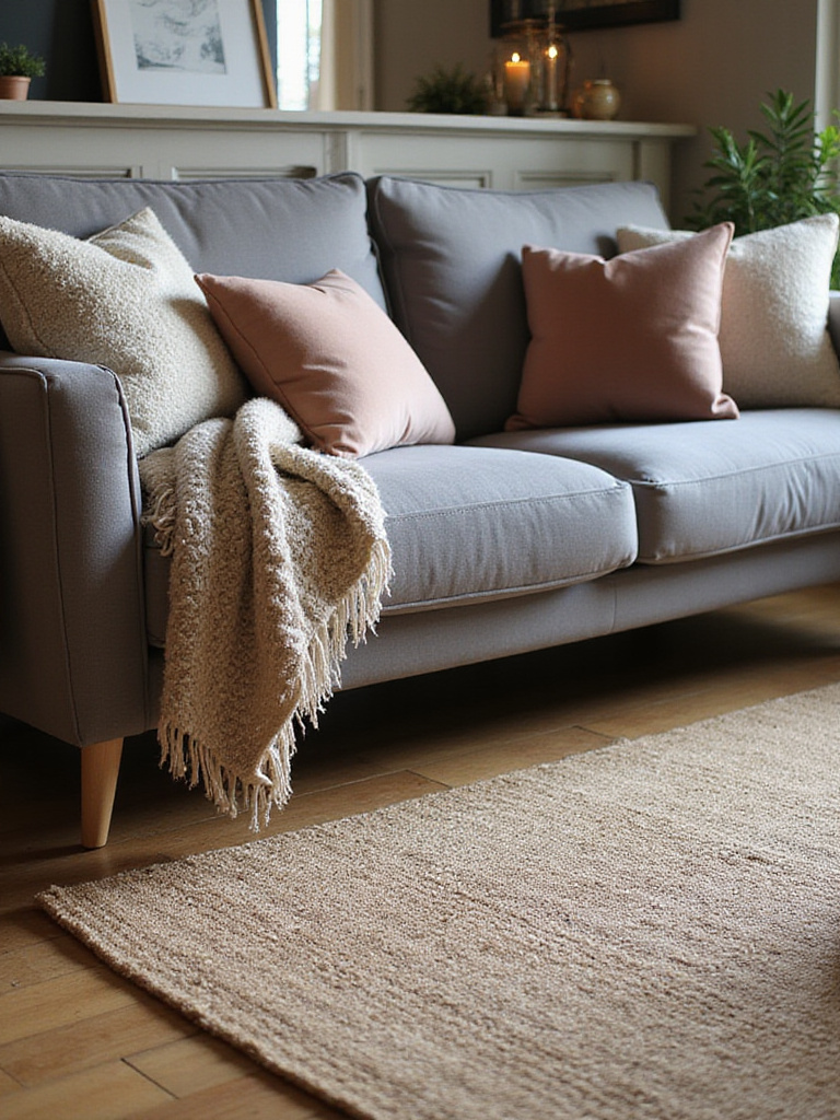 Cozy living room with layered textiles including a jute rug, wool throw, and mixed throw pillows