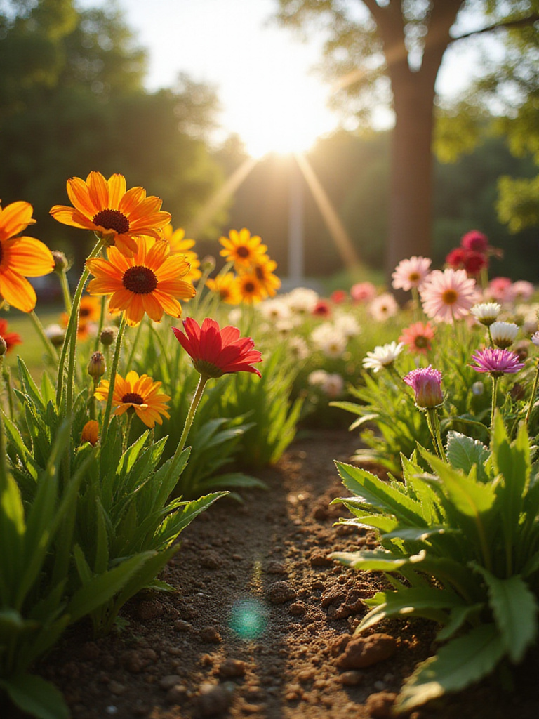 Vibrant flower garden with sunlight and soil details