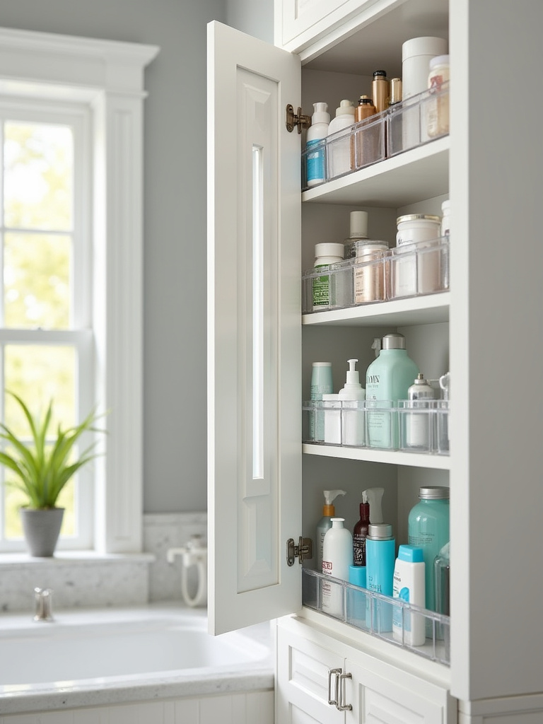 Organized bathroom cabinet with slim caddies attached to doors, showcasing toiletries and beauty products.