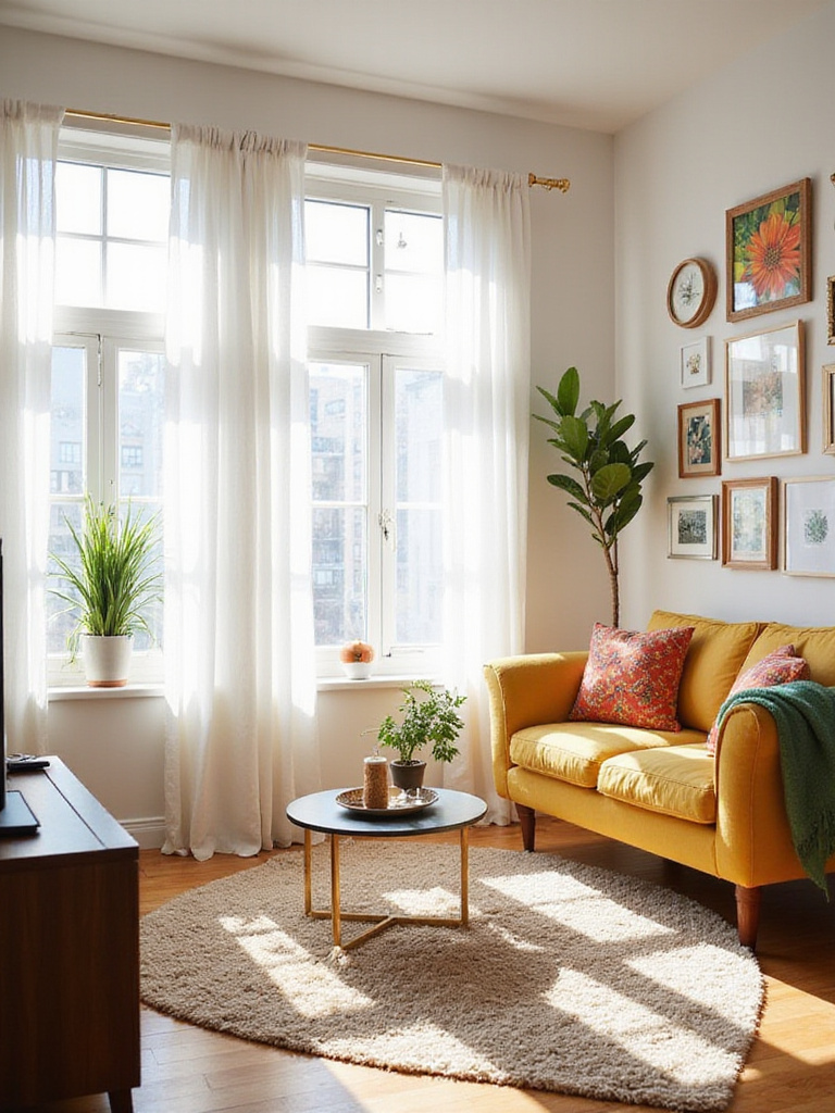 Living room with damage-free decor solutions in a rental apartment, featuring a gallery wall and sheer curtains.