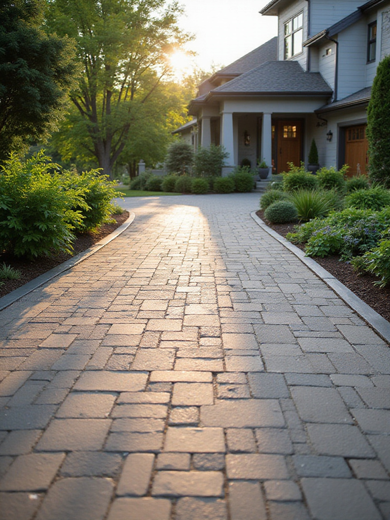 Beautiful driveway with permeable pavers and steel edging surrounded by landscaping