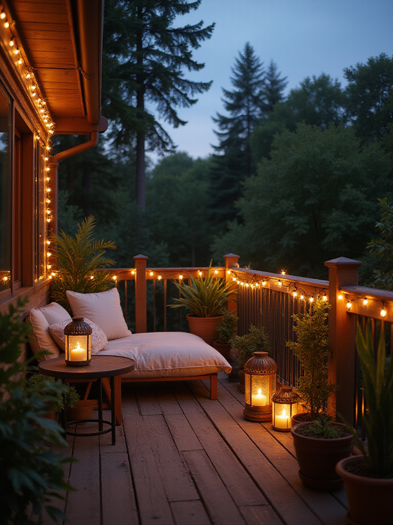 Decorative balcony with ambient lighting and plants at dusk
