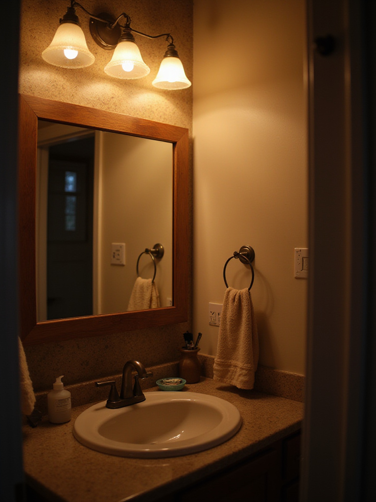 Bathroom mirror with flickering and dim lighting effects