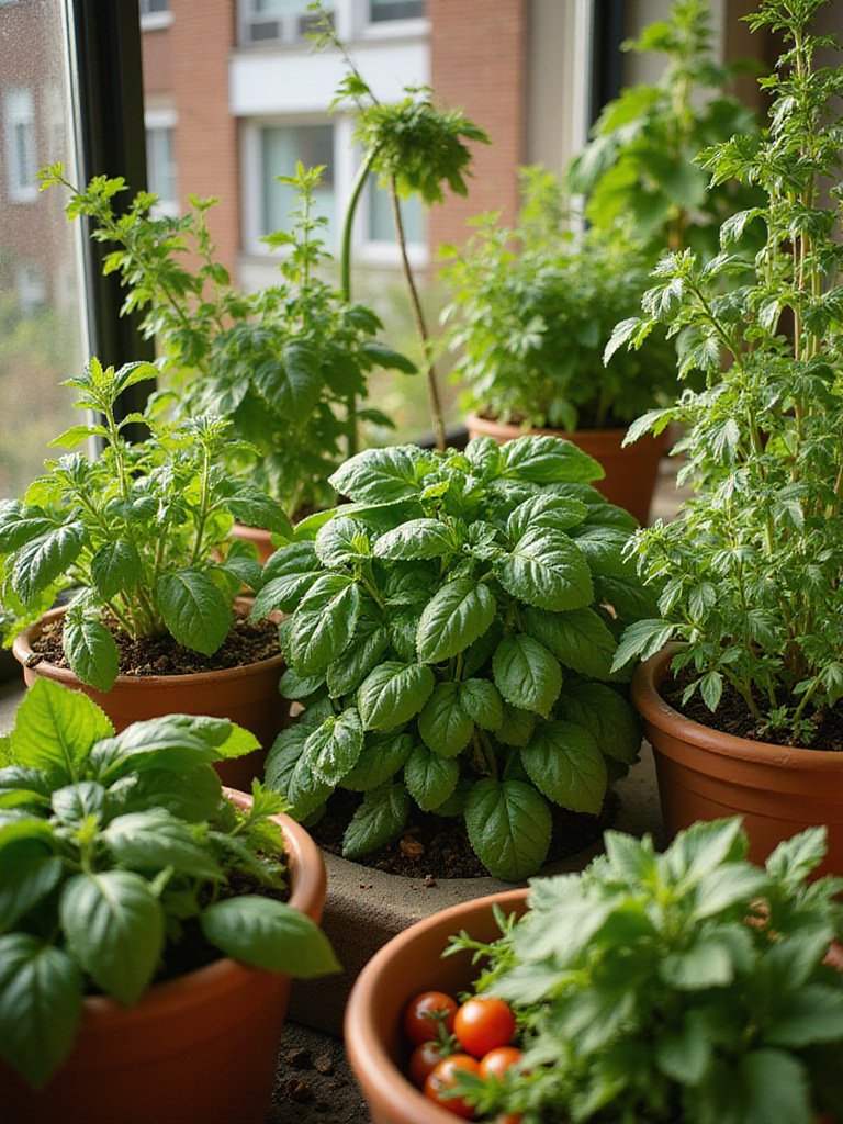 Vibrant balcony garden with herbs and vegetables in pots and vertical planters