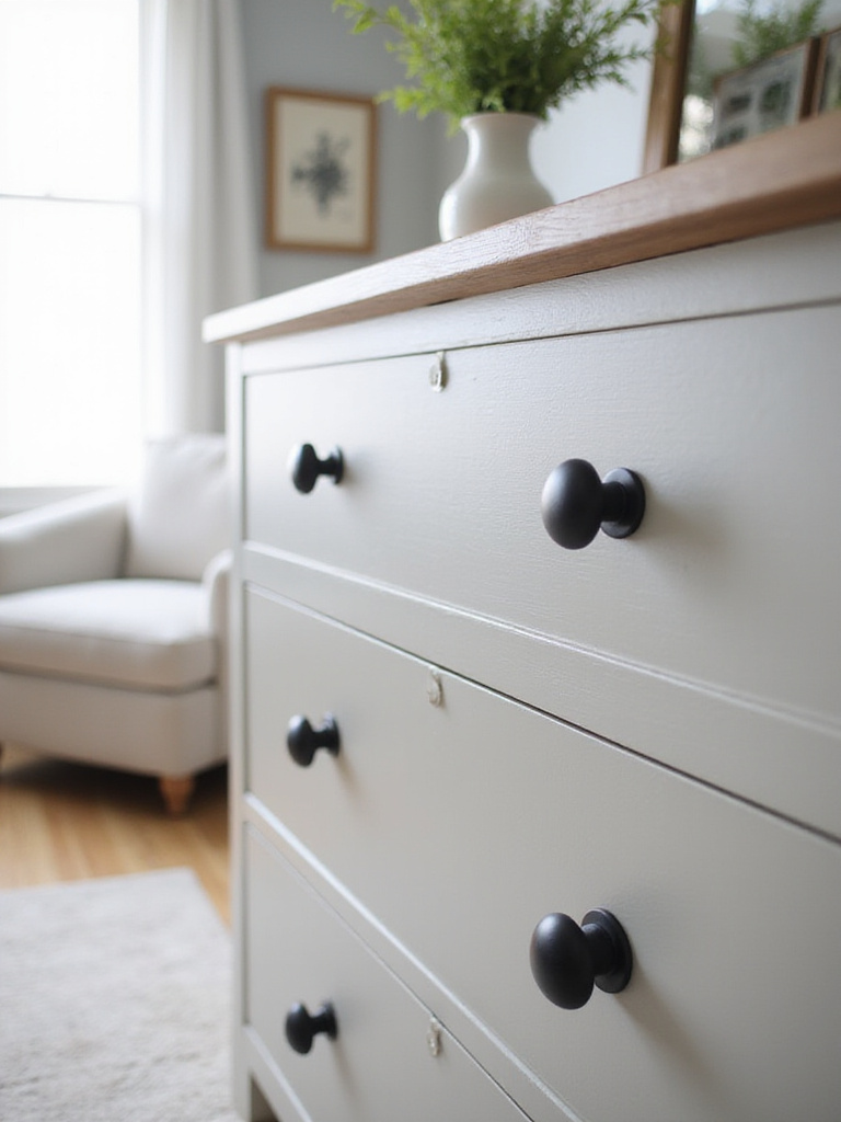 A modern dresser with updated matte black hardware in a cozy bedroom setting.