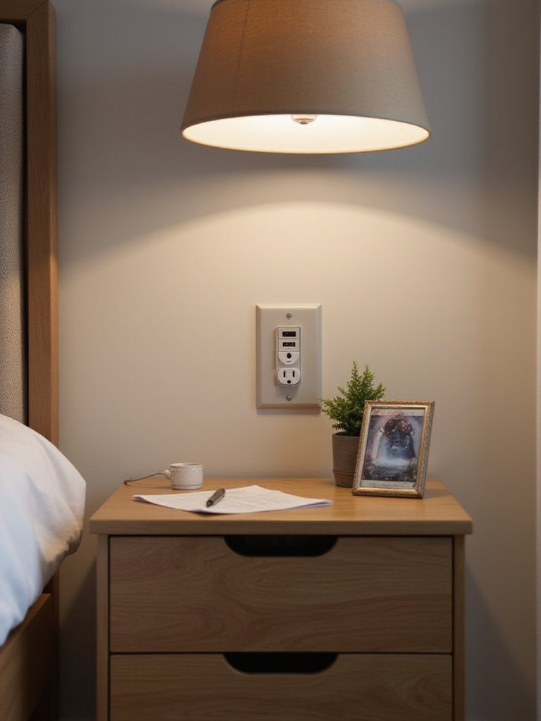 Modern bedroom with USB charging ports on bedside outlet