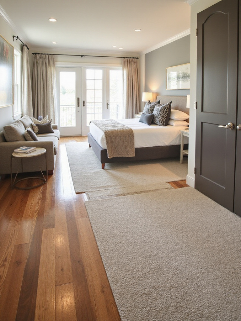 A cozy bedroom featuring a mix of hardwood flooring and plush carpet.