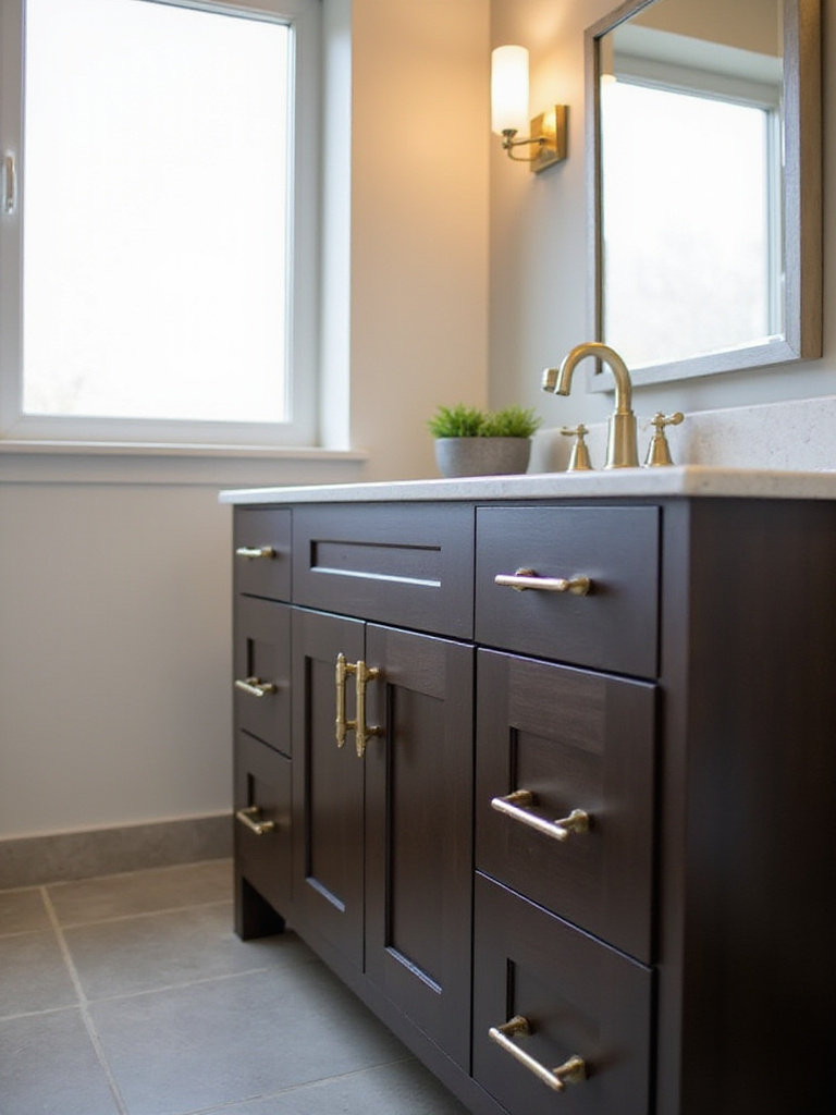 Modern bathroom with upgraded cabinet hardware featuring brushed brass pulls on a dark wood vanity.