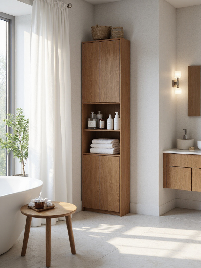 A stylish triangular corner cabinet in a modern bathroom, showcasing organized storage.