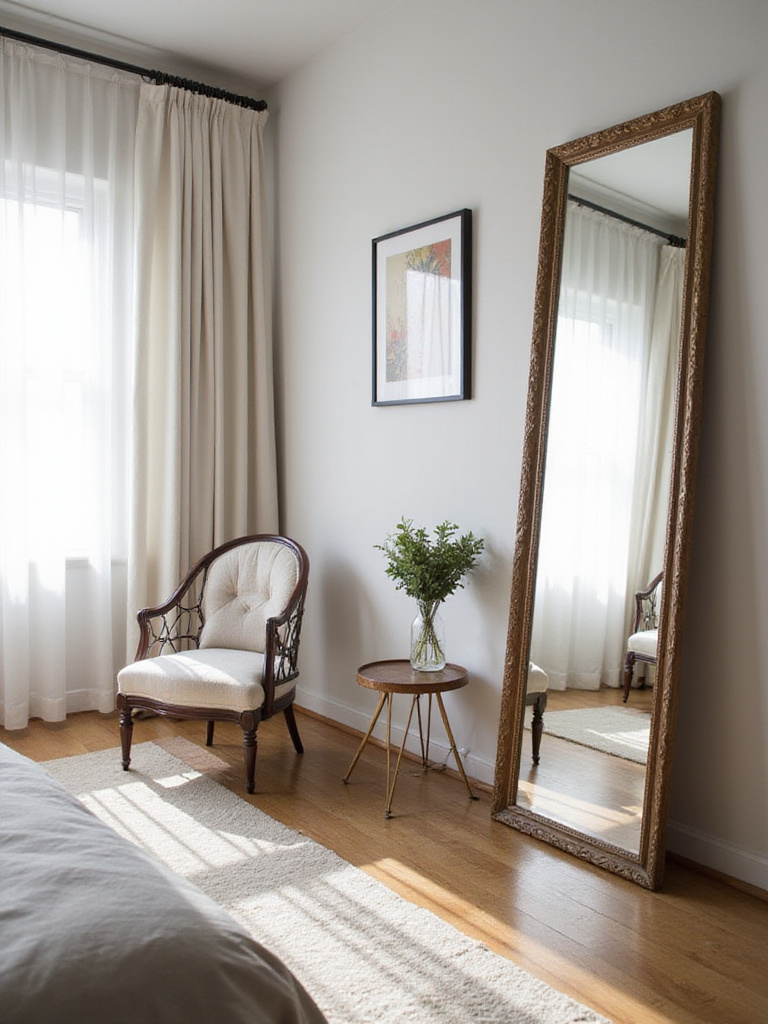 Small bedroom with strategically placed mirrors reflecting light and decor