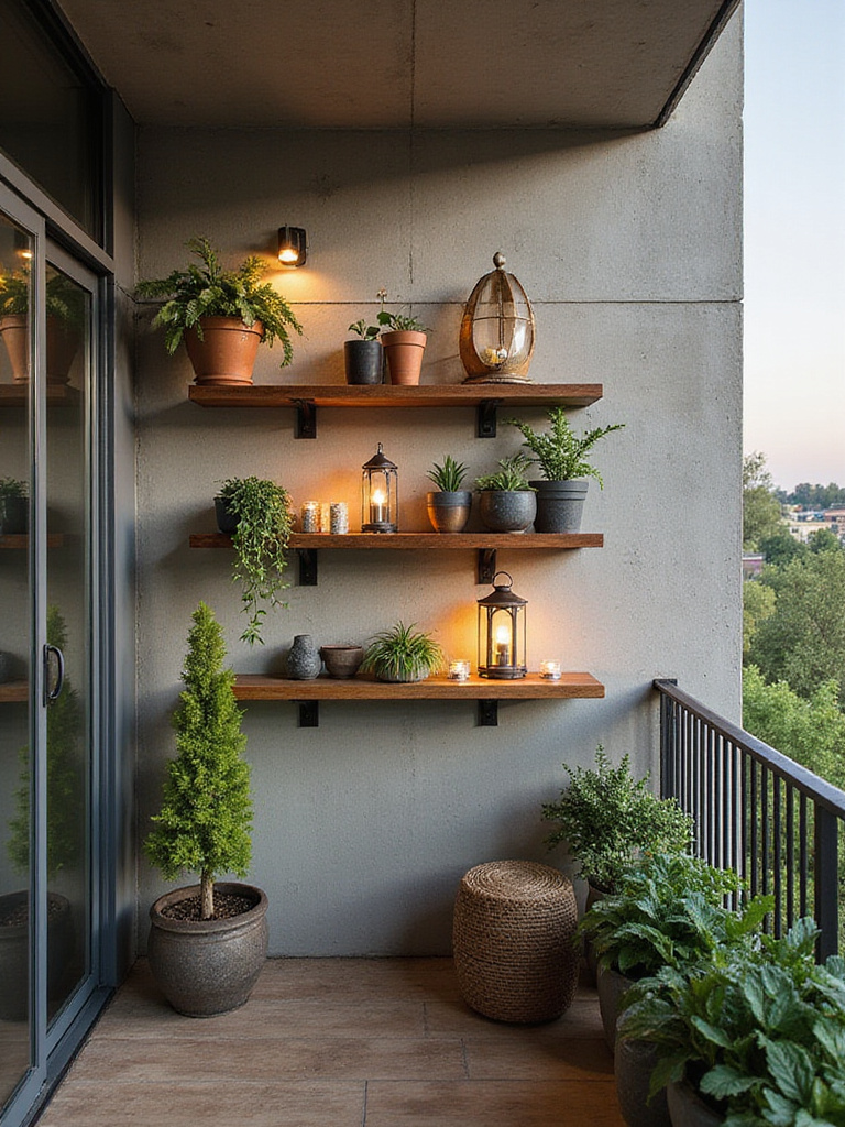A stylish balcony featuring wall-mounted shelves with plants and decorative items.