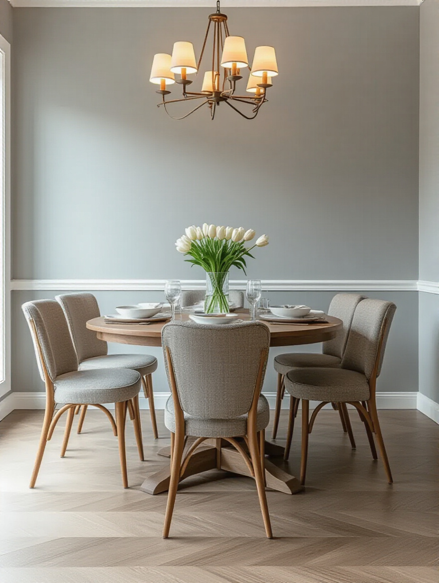 A beautifully painted dining room wall in soft gray under warm lighting
