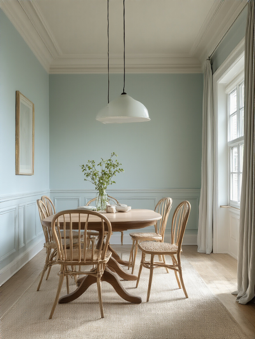 Bright and airy dining room showcasing the impact of paint color on room size and ceiling height.