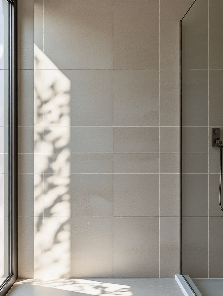Modern bathroom wall with large rectangular tiles laid vertically creating height illusion