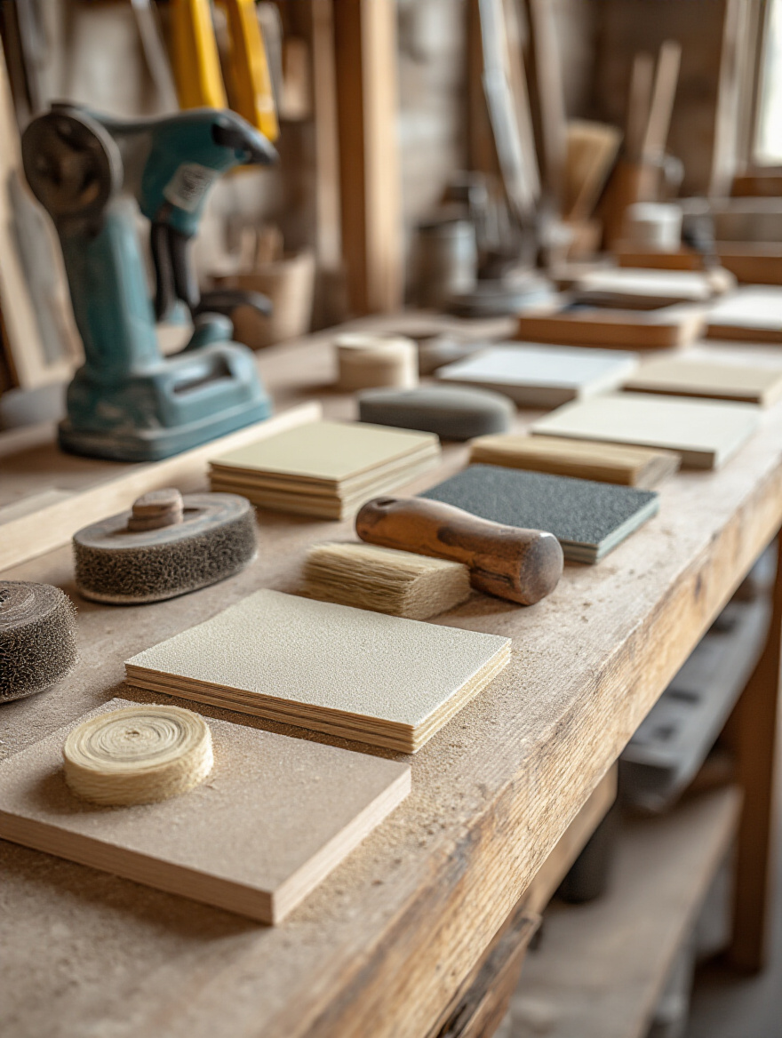 Workshop scene showcasing sanding tools and sandpaper for kitchen cabinet makeovers