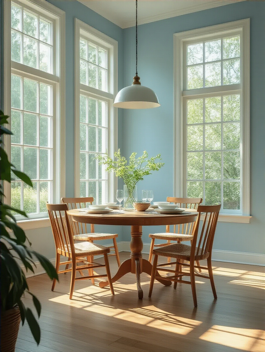 Bright dining room with light blue walls reflecting natural light.