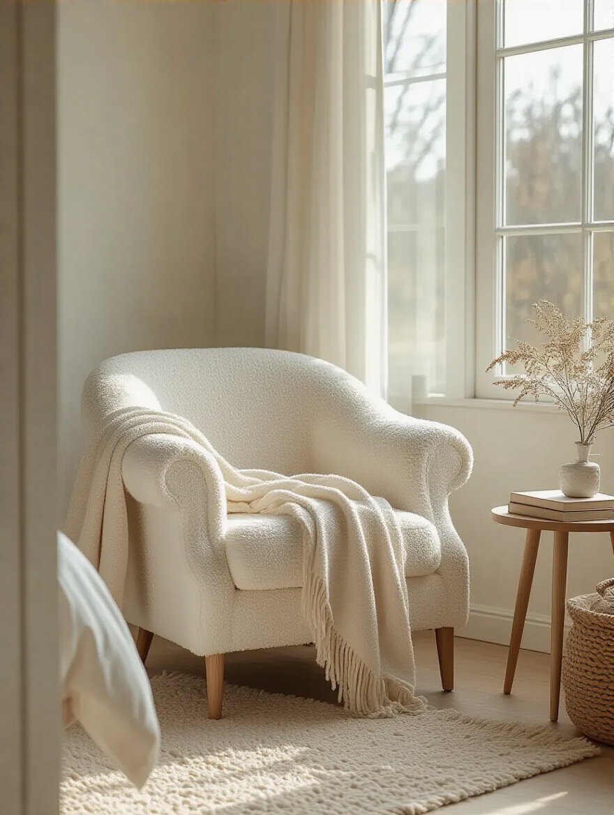 Soft boucle accent chair in a white bedroom corner with natural light