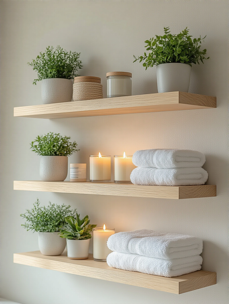 Elegant bathroom with floating shelves displaying decorative items
