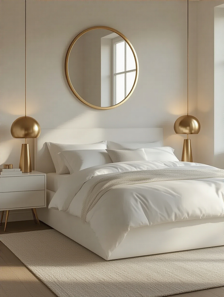 White bedroom with metallic accents and gold elements.