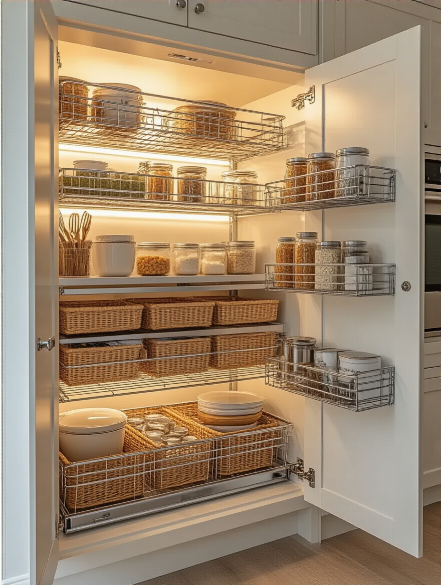 Organized kitchen cabinet with pull-out baskets and bins for easy access