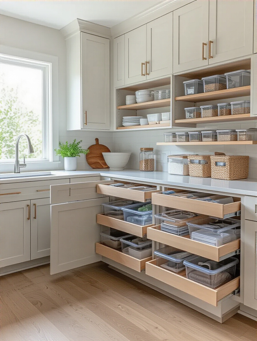 Modern kitchen with smart storage solutions including pull-out shelves, clear containers, and organized cabinets to maximize space and reduce clutter