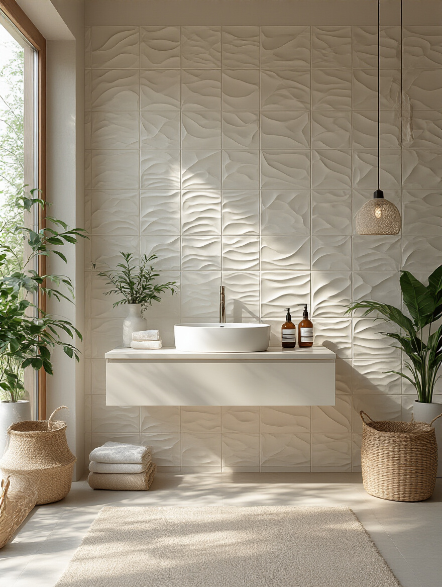 Modern bathroom feature wall with subtle dimensional white 3D tiles and floating vanity in soft natural light