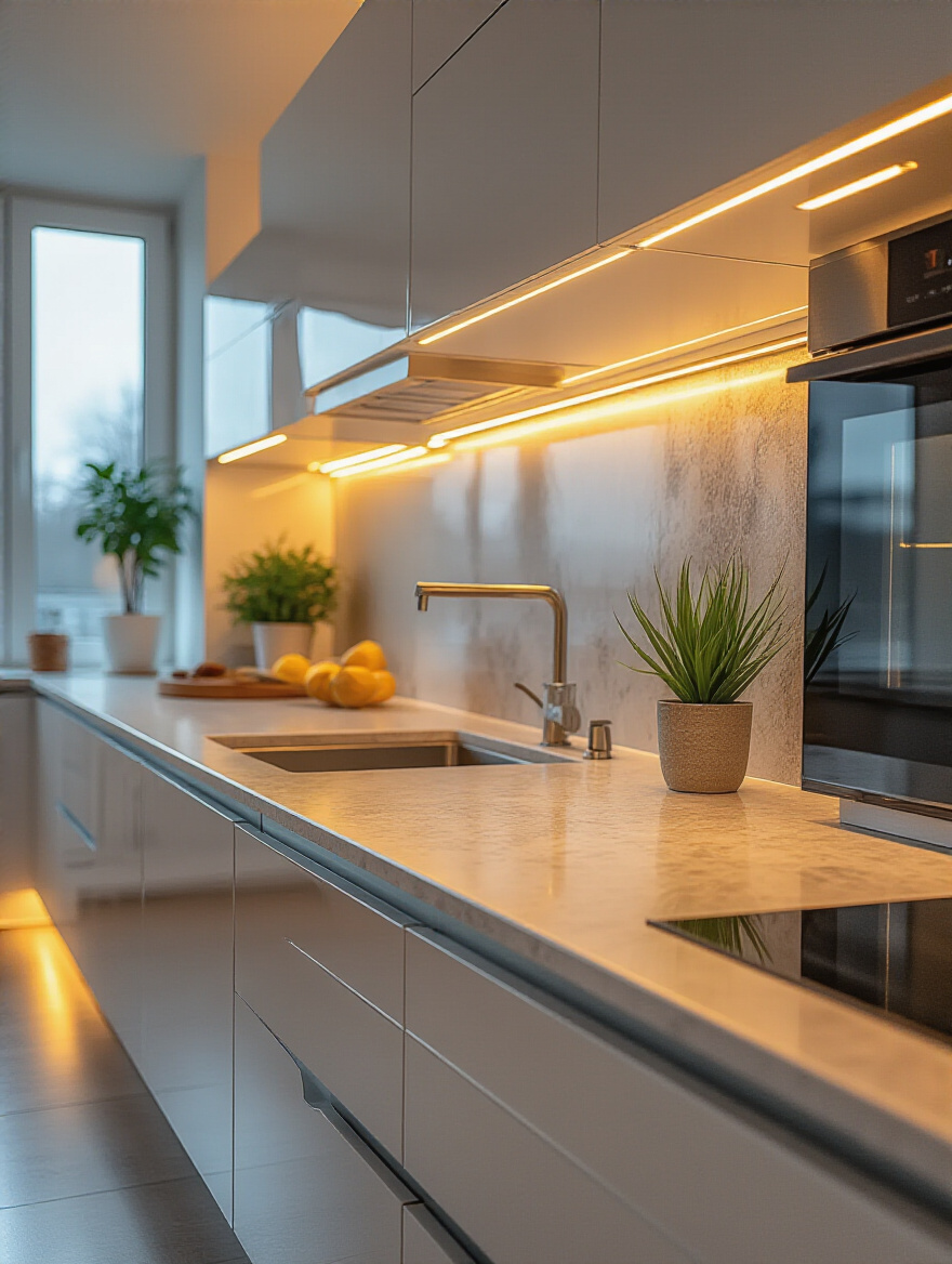 Modern kitchen with under-cabinet lighting illuminating countertops.