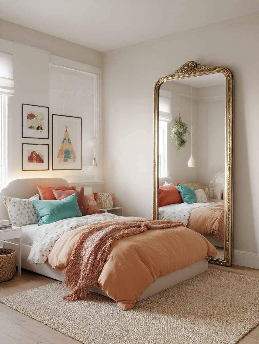 A stylish teen girl's bedroom featuring a full-length mirror that enhances the visual space.
