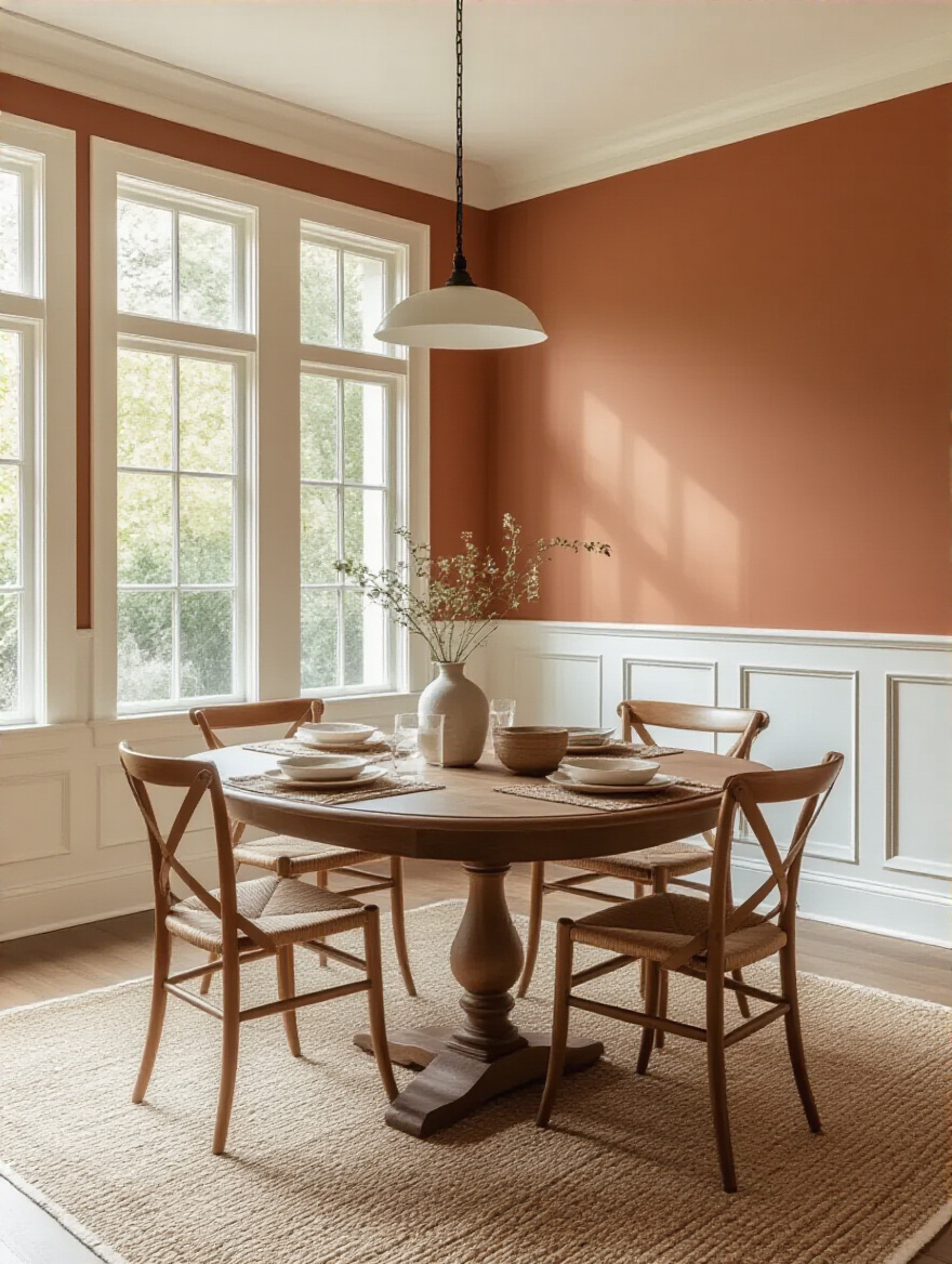 A cozy and inviting dining room featuring warm terracotta walls and elegant decor.