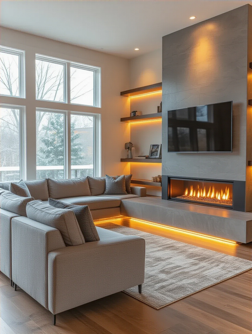 Modern living room with L-shaped angled seating between corner fireplace and wall-mounted TV, showcasing dual focal point layout.