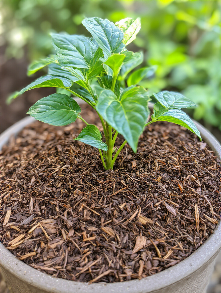 Portrait image of a patio container plant with a neat layer of organic mulch around the soil, showing healthy foliage and proper mulch application