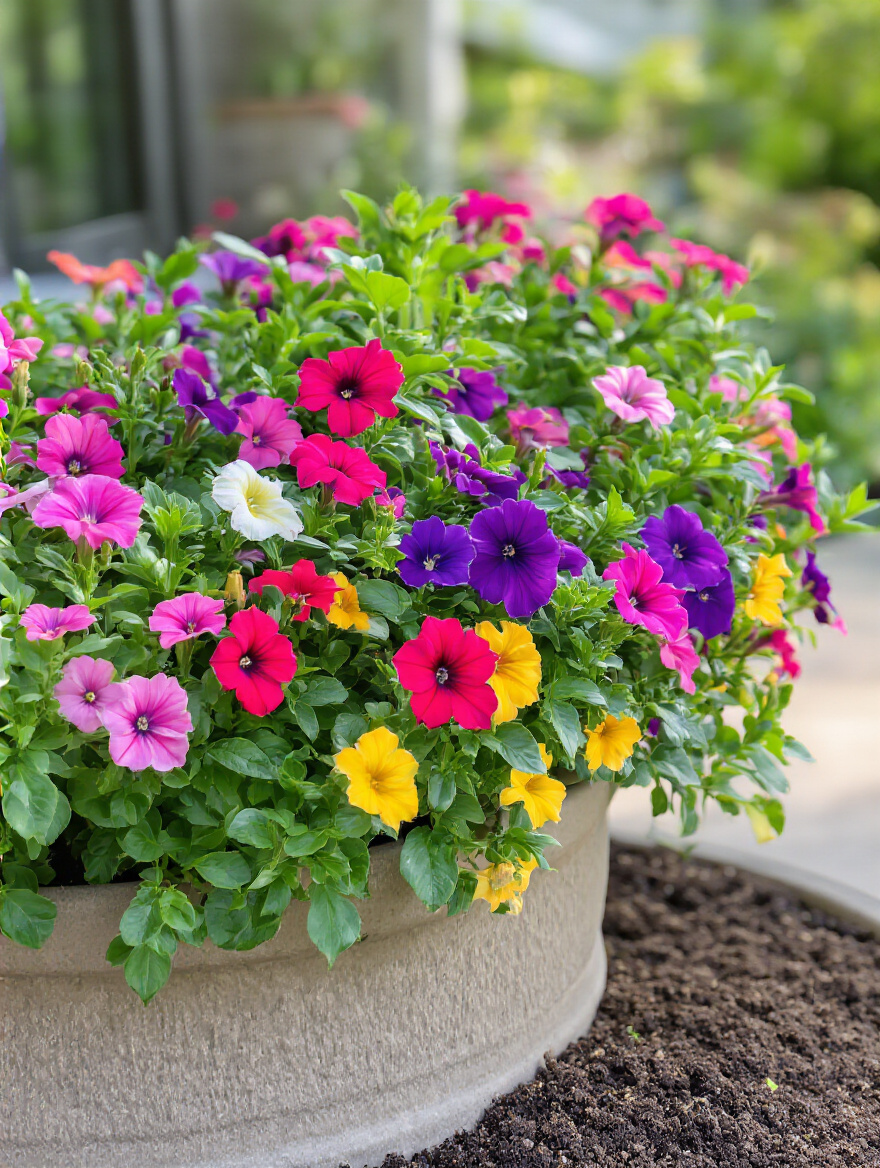 Portrait image of a container patio garden with vibrant flowering plants and visible granular fertilizer on the soil surface