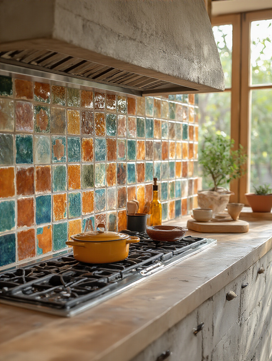 Close-up portrait image of a kitchen backsplash showcasing handmade Zellige or Terracotta tiles with natural texture and warm earthy tones