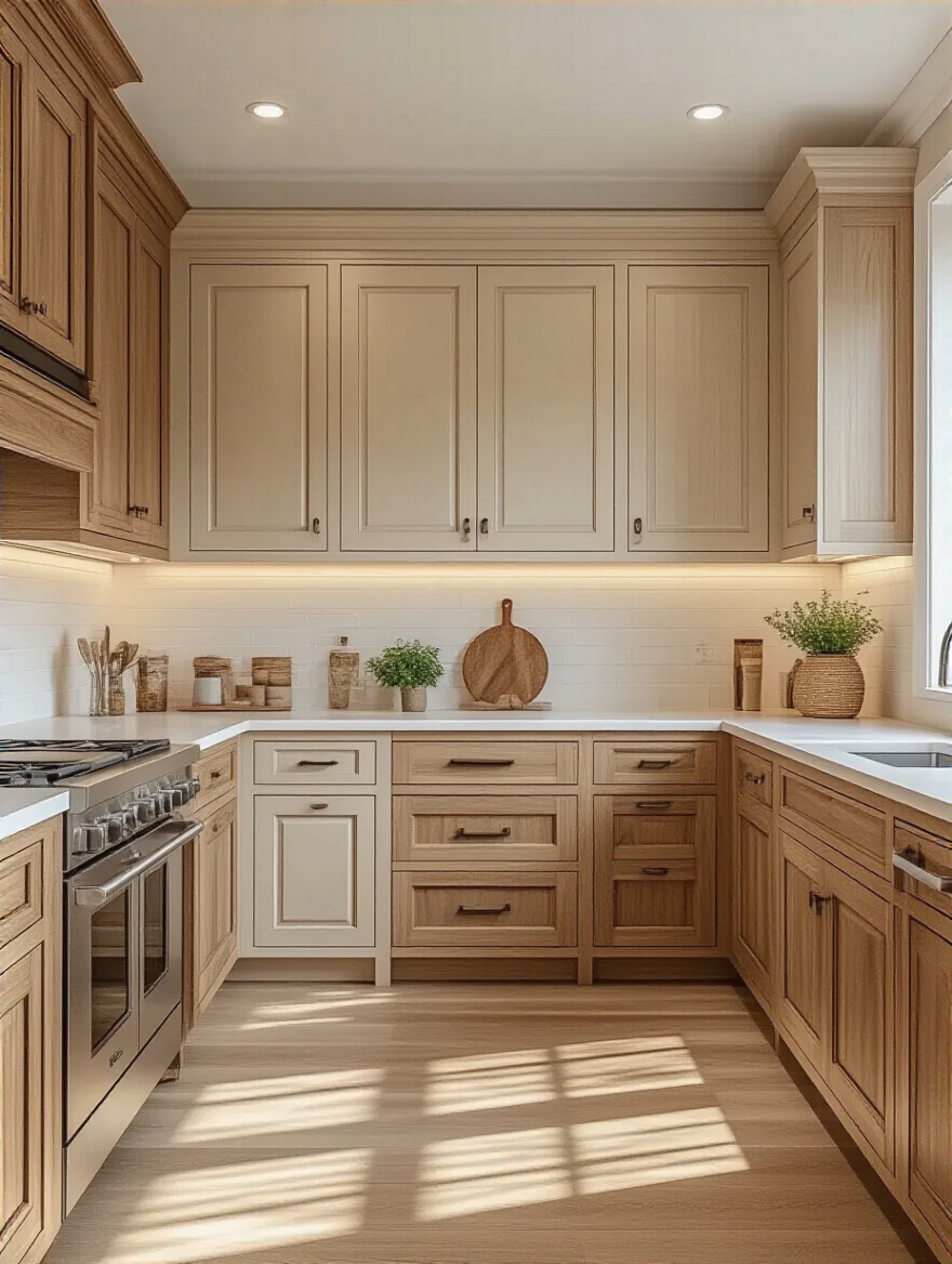 A beautifully organized kitchen cabinet showcasing various cabinet styles and finishes.