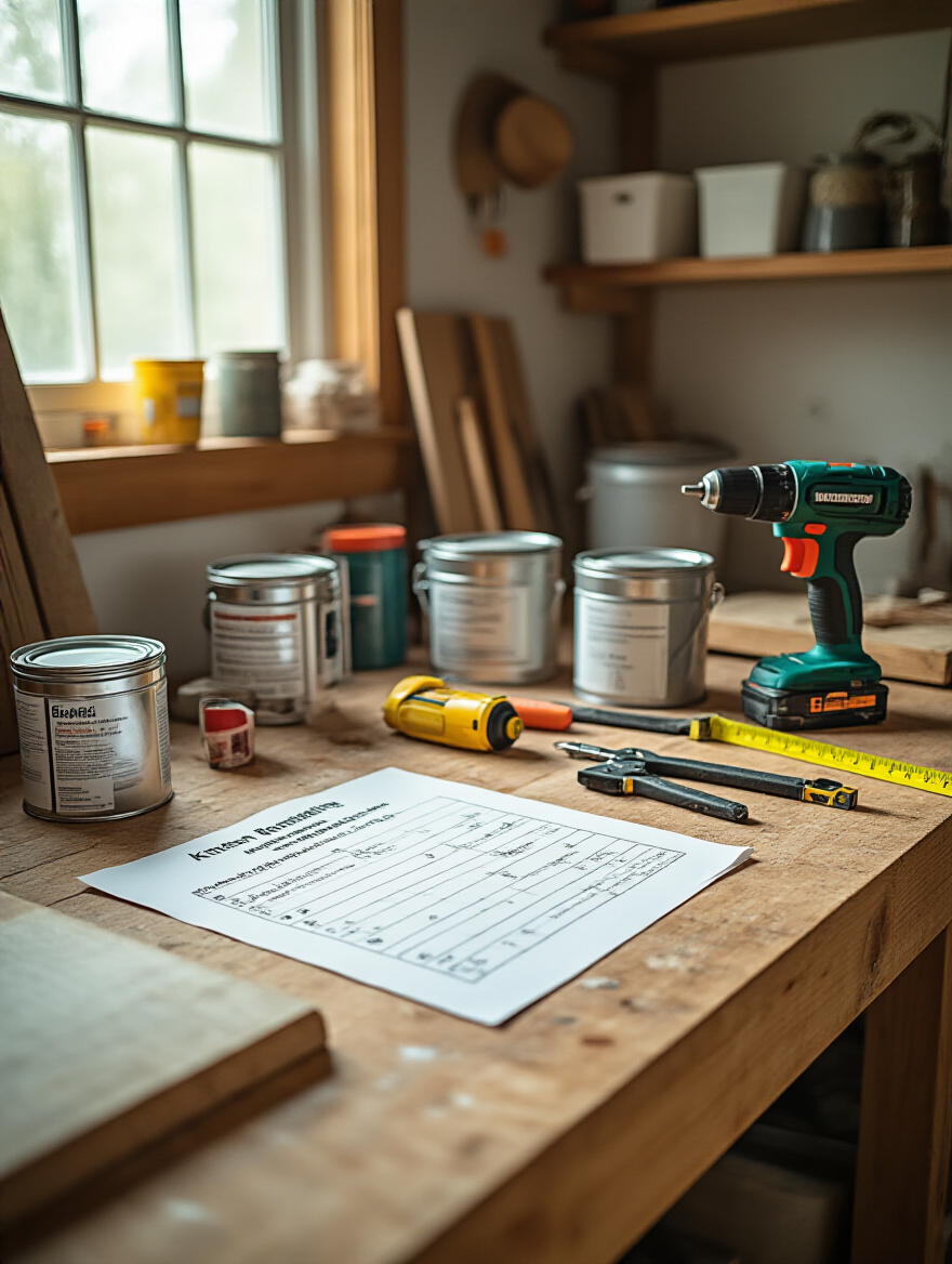 Organized home workshop with kitchen remodeling tools and DIY checklist on wooden workbench under natural light
