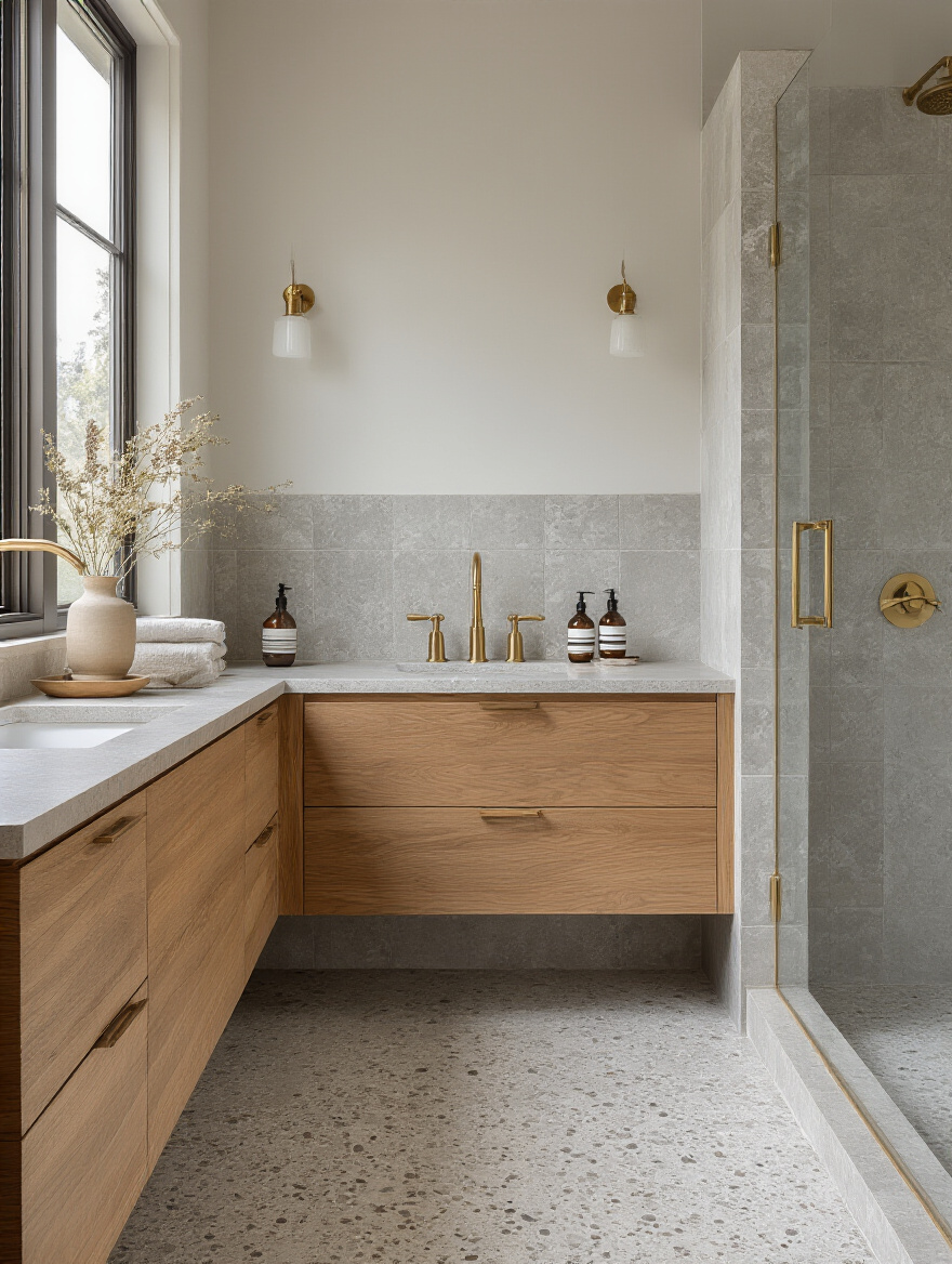 Modern bathroom with cohesive large format terrazzo-look tiles, natural wood vanity, and brushed brass fixtures in soft natural lighting